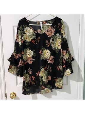 NY Collection Women's Floral Long Sleeve Ruffled Blouse Size L